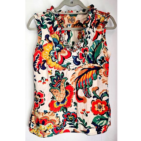 Tory Burch Floral Sleeveless Top Blouse, Ruffled V Neck, Lightweight, Boho, Sz 6 - Picture 1 of 10